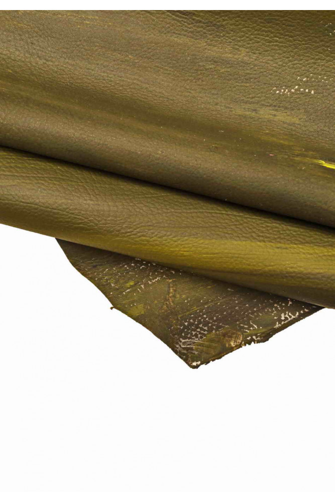 MILITARY GREEN artistic leather hide, green yellow striped calfskin, rubbery soft pebble grain cowhide
