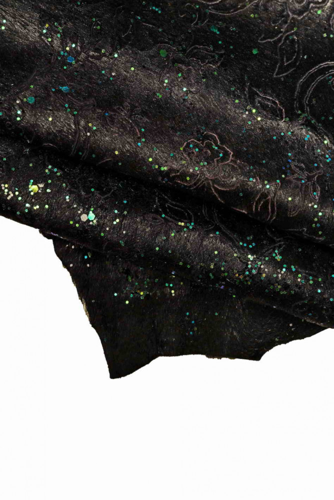 BLACK FLORAL printed hair on leather hide with green glitter, pony effect printed stiff calfskin