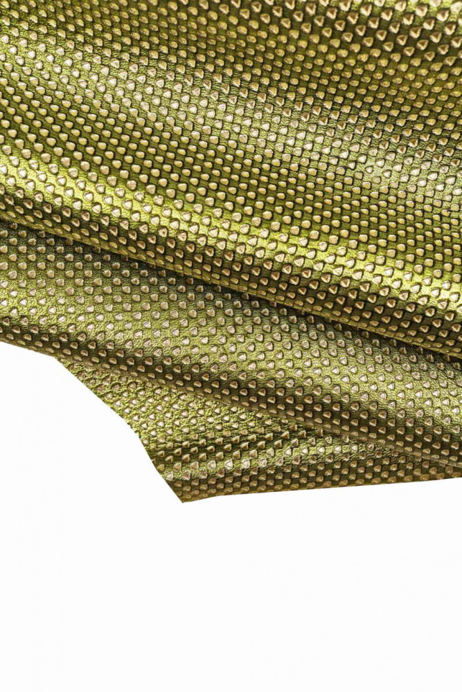 GREEN light GOLD metallic embossed goatskin, small geometrical printed leather hide, soft glossy skin