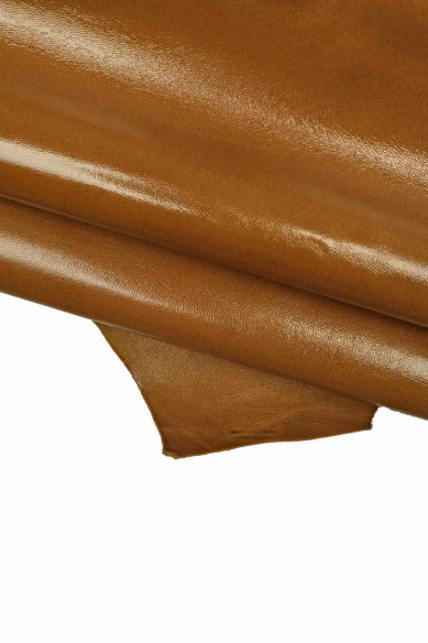 BROWN SMOOTH glossy leather skin, tan soft slightly wrinkled sheepskin, silky hide