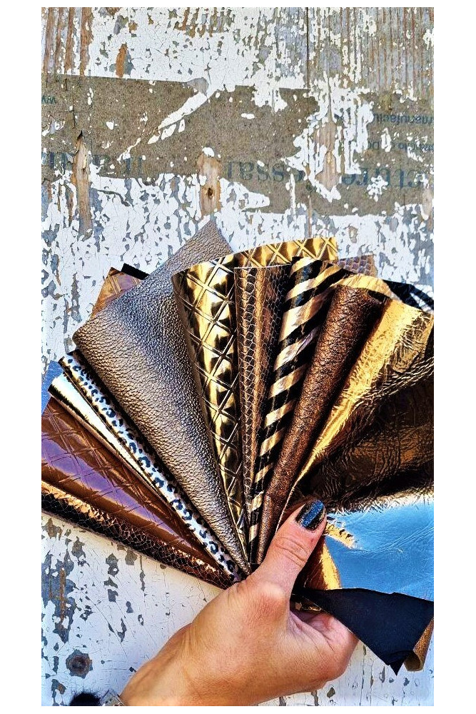 10 Selected leather scraps, GOLD and BRONZE metallic, textured, mix colorful selection leather remnants as per pictures