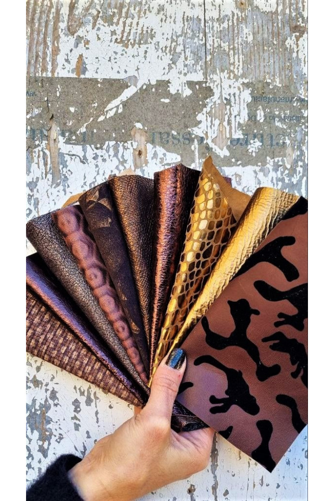 10 Selected leather scraps, GOLD and BROWN metallic, textured, mix colorful selection leather remnants as per pictures