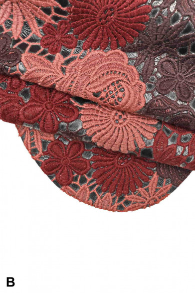 Pelle STAMPA FLOREALE in tessuto, pellame di capra con disegno fiori in pizzo, pellame un po' rigido