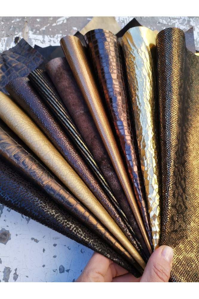 10 Selected leather scraps, GOLD and DARK BROWN tones, mix colorful selection leather remnants as per pictures