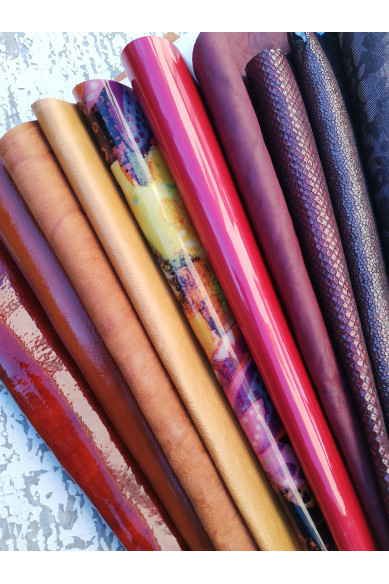 10 Selected leather scraps, YELLOW, ORANGE and RED tones, mix colorful selection leather remnants as per pictures