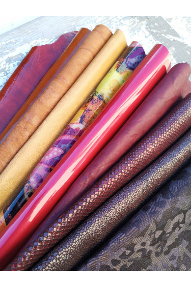 10 Selected leather scraps, YELLOW, ORANGE and RED tones, mix colorful selection leather remnants as per pictures