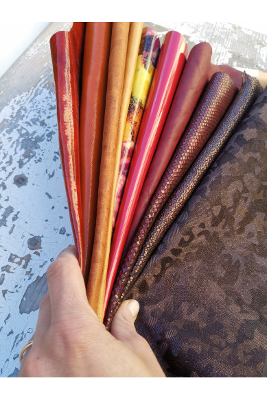 10 Selected leather scraps, YELLOW, ORANGE and RED tones, mix colorful selection leather remnants as per pictures