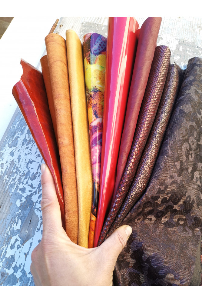 10 Selected leather scraps, YELLOW, ORANGE and RED tones, mix colorful selection leather remnants as per pictures
