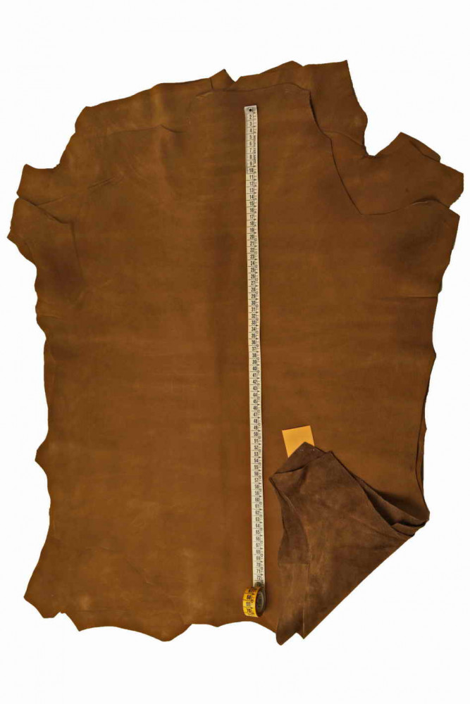 BROWN NUBUCK leather hide, soft suede effect calfskin, light pebble