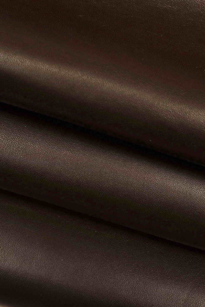 Dark BROWN SMOOTH leather hide, classic semi glossy cowhide, flat