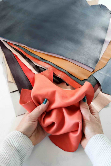 10 SOFT and light leather pieces, colors various, lambskin, goatskin, remnants, random assortment, thicknesses less than 1 mm