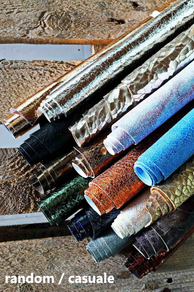 Mix italian leather scraps CRACKLED effect, metallic and not, crakle pieces, colors and finishing various   1 lbs - 2lbs