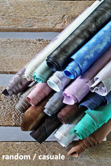 Leather scraps SUEDE foil effect,metallic suede leather pcs, colors various, random assortment, italian leather pcs 1lbs-2 lbs
