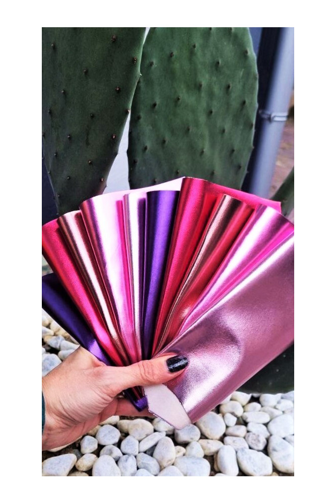10 Selected leather scraps, PINK, PURPLE, FUCHSIA metallic selection of leather remnants as per pictures