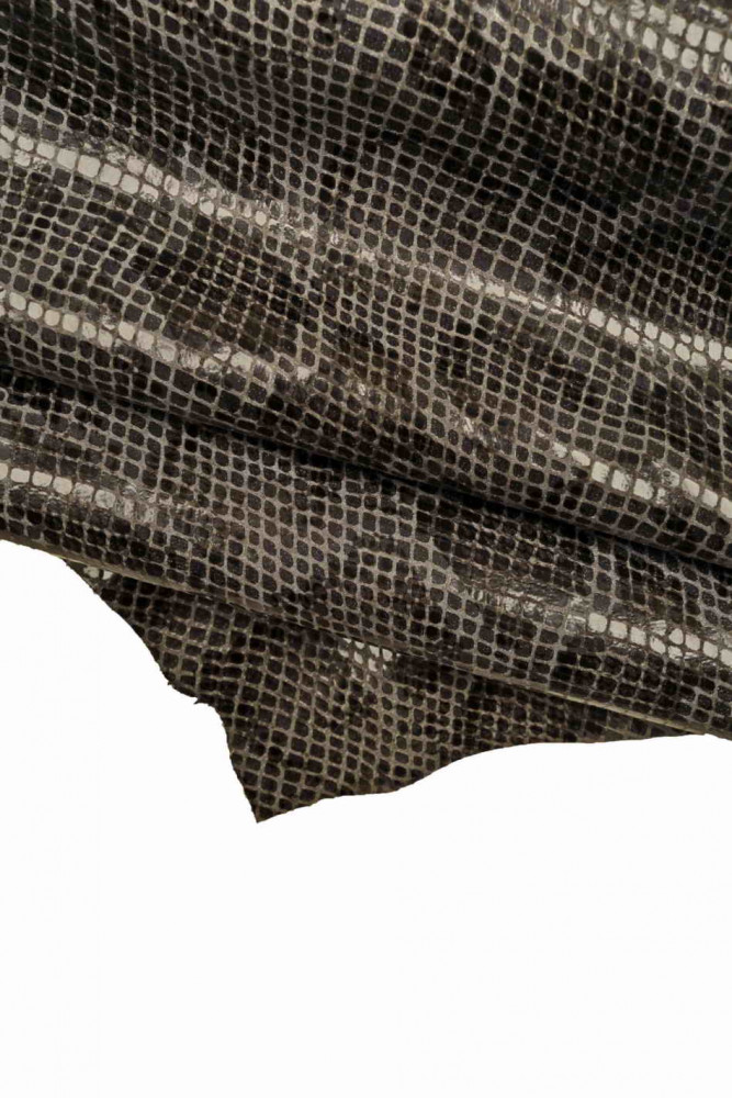 Dark grey PYTHON PRINTED leather skin, reptile textured glossy goatskin, soft hide with snake pattern