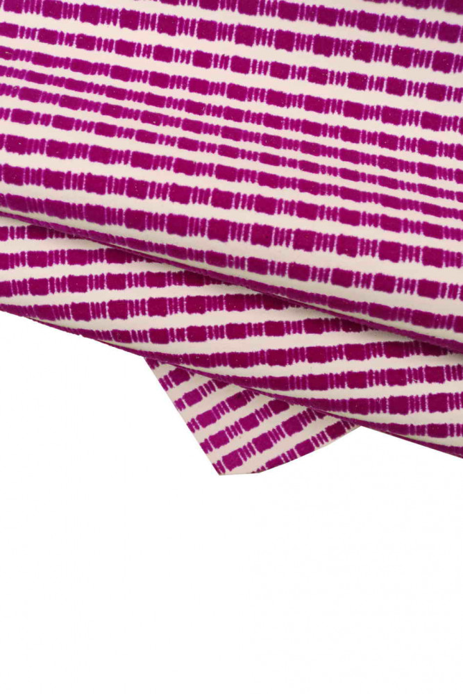 WHITE PURPLE printed leather hide, flock texturedcowhide with stripes, sporty geometrical print calfskin, slightly stiff