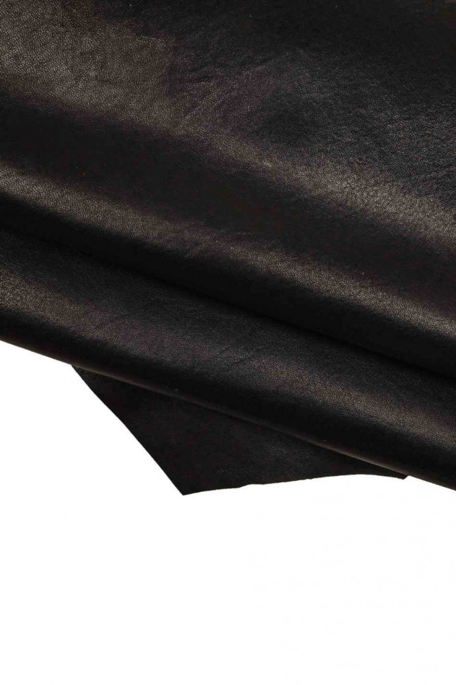 BLACK SMOOTH leather hide, semi glossy slightly wrinkled nappa calfskin, soft silky cowhide