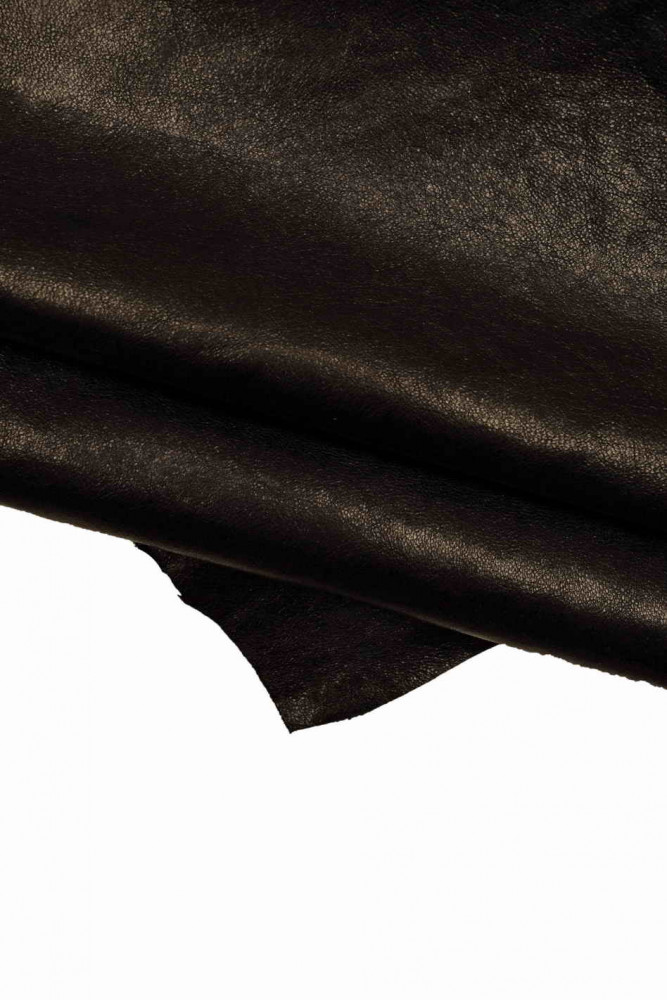 BLACK GLOSSY leather hide, soft wrinkled cowhide, sporty vintage calfskin