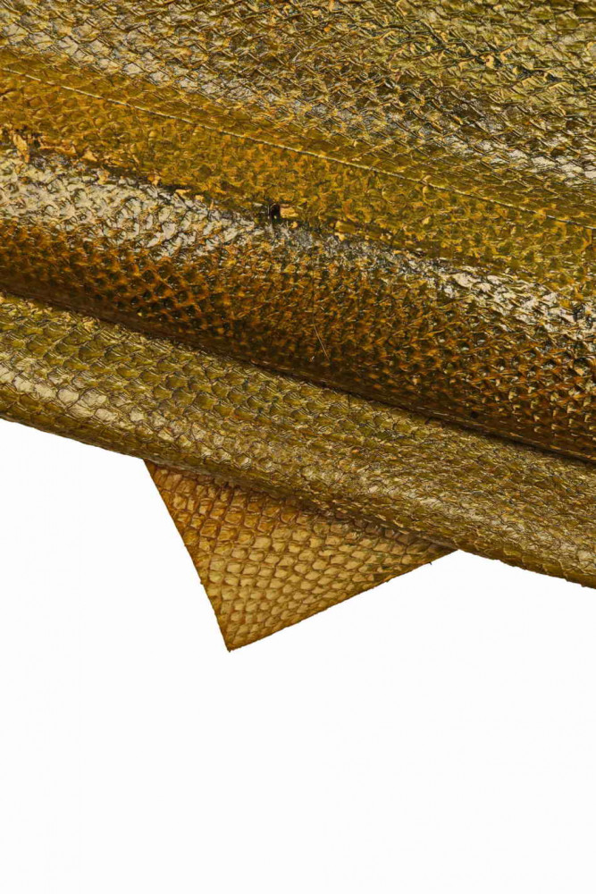 YELLOW GREEN leather hide with shades, glossy rubbery salmon skin with strokes, medium softness