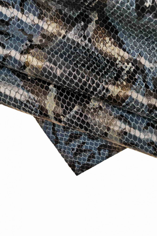 Blue black PYTHON TEXTURED leather hide, snake printed glossy calfskin, reptile print cowhide, medium softness