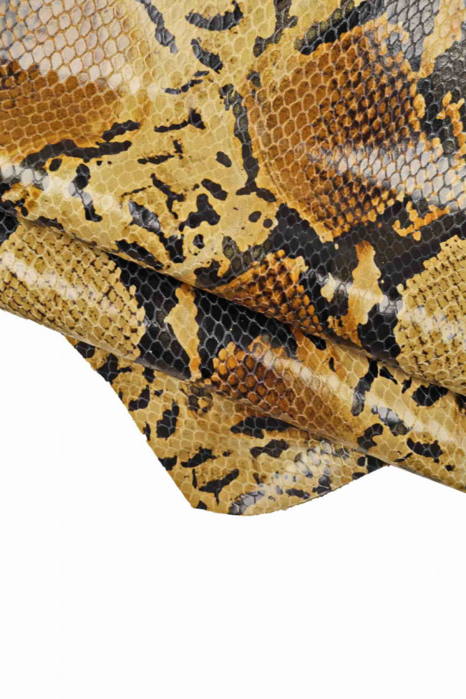 PYTHON TEXTURED leather hide, beige brown black snake printed glossy calfskin, soft cowhide with reptile pattern