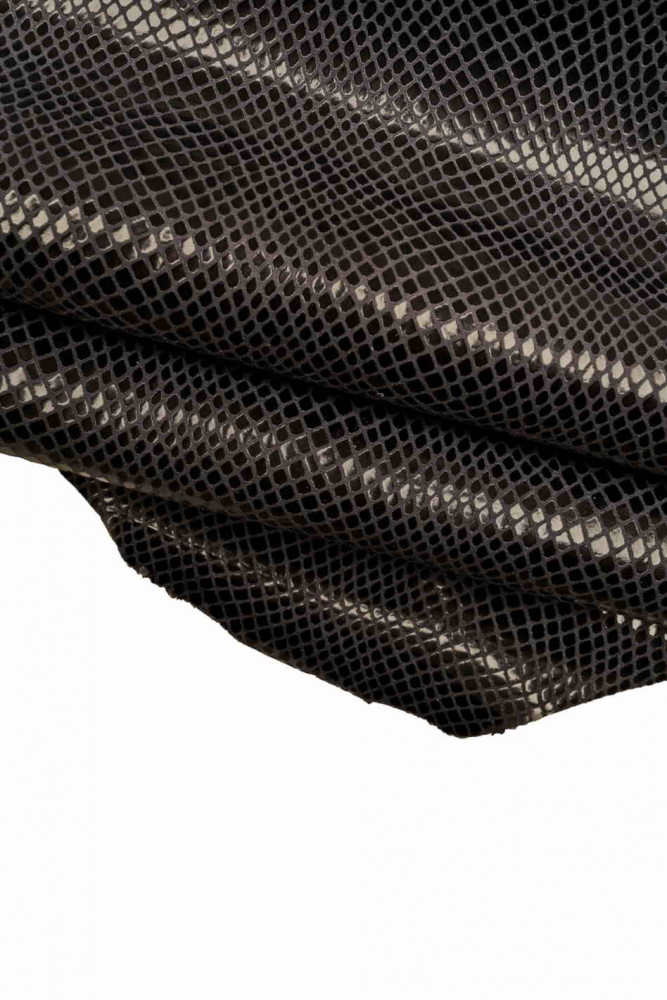 Dark grey black PYTHON PRINTED leather skin, snake textured glossy goatskin, soft thin reptile print hide