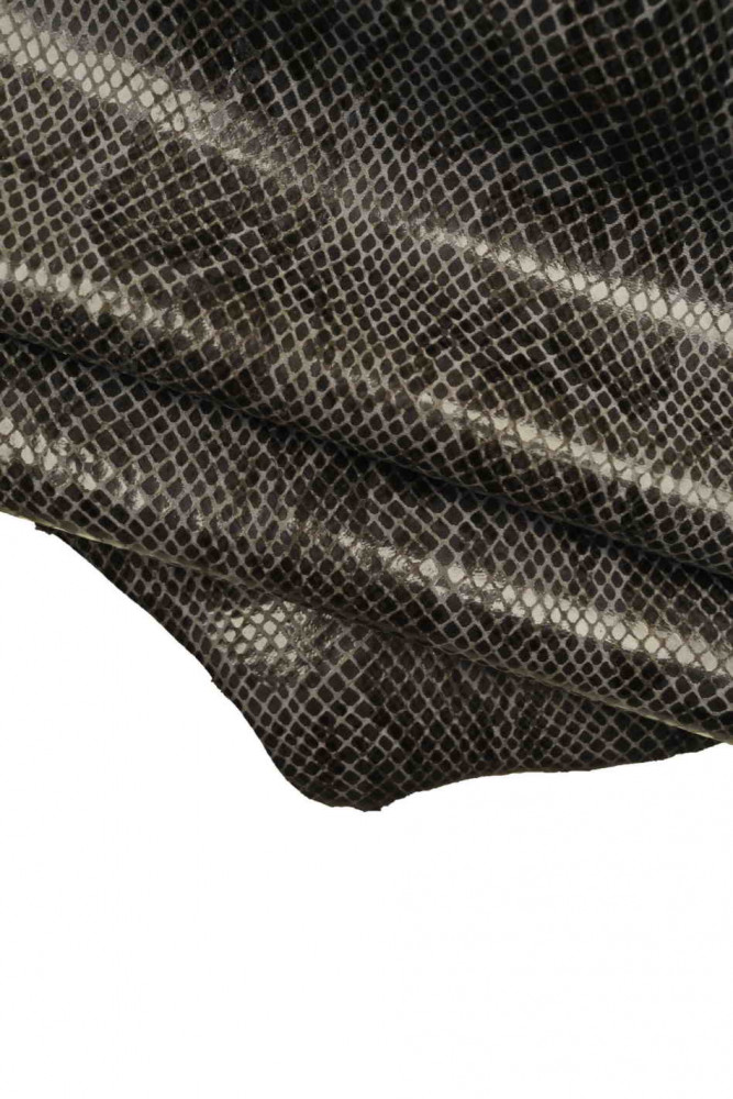 Grey PYTHON PRINTED leather skin, glossy snake textured goatskin, soft hide with reptil pattern