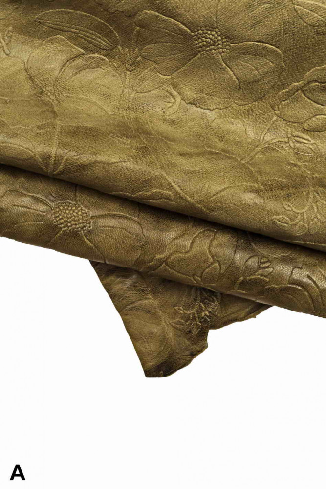GREEN FLORAL embossed leather skin, military green washed, vegetable sheepskin with flower print, medium softness