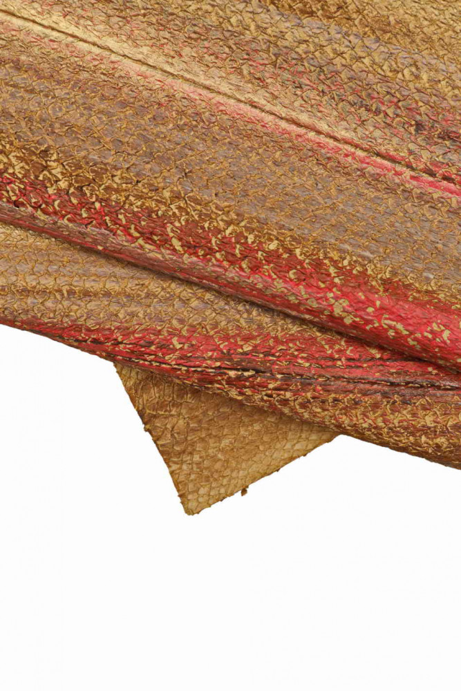 Brown gold red ARTISTIC LEATHER hide, decorated salmon skin with strokes, very stiff