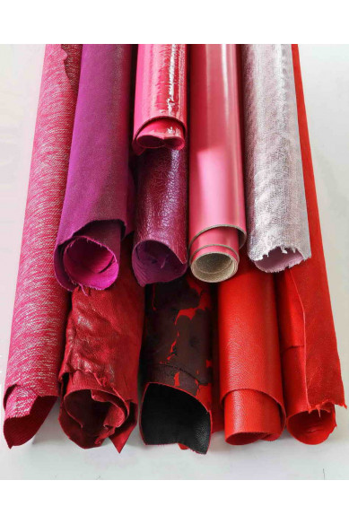 Lot of 10 RANDOM red, purple, pink full LEATHER hides, stock of smooth, metallic, printed matching skins