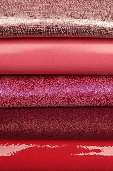 Lot of 10 RANDOM red, purple, pink full LEATHER hides, stock of smooth, metallic, printed matching skins