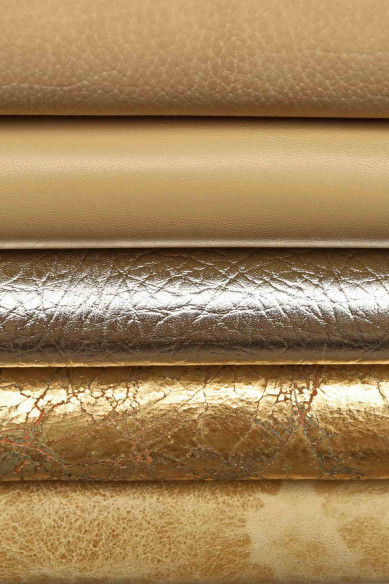 Bundle of 10 random beige, light gold, platinum FULL LEATHER hides, smooth, metallic, printed matching skins