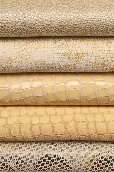 Bundle of 10 random beige, light gold, platinum FULL LEATHER hides, smooth, metallic, printed matching skins