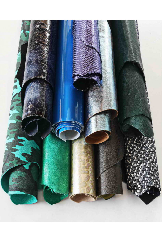 Lot of 10 BLUE, GREEN full leather hides, stock of smooth metallic, printed matching skins