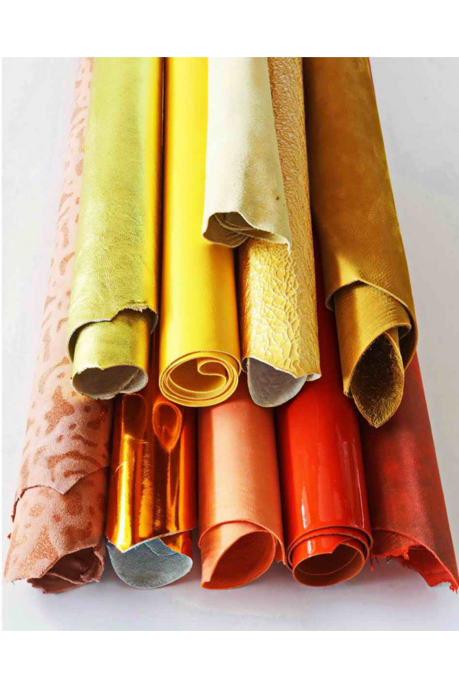 Stock of 10 YELLOW ORANGE leather matching skins, lot of smooth, metallic, printed full hides as per picture