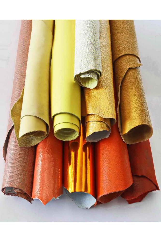 Stock of 10 YELLOW ORANGE leather matching skins, lot of smooth, metallic, printed full hides as per picture