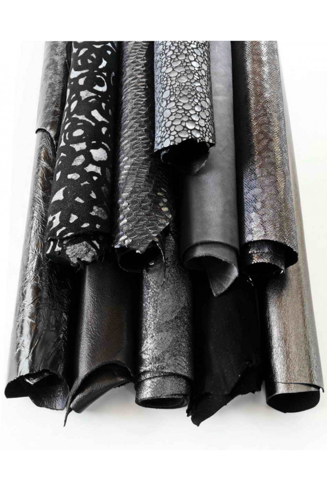 Lot of 10 BLACK GREY steel metallic full leather skins, smooth, printed matching leather hides