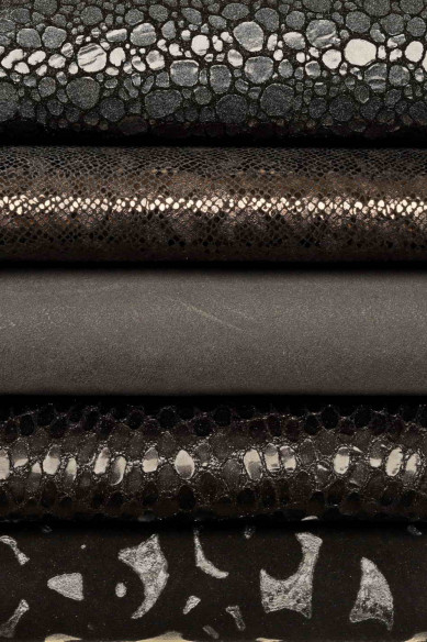 Lot of 10 random BLACK GREY steel metallic full leather skins, smooth, printed matching leather hides