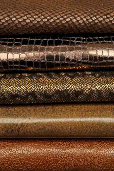 Lot of 10 random BROWN, TAN full leather hides, stock of smooth metallic, printed matching skins