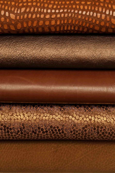 Lot of 10 random BROWN, TAN full leather hides, stock of smooth metallic, printed matching skins