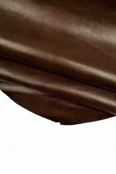 BROWN SPORTY vegetable tan leather hide, glossy smooth dark brown calfskin, slighly stiff cowhide with light wrinkles