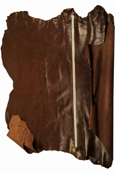 BROWN SPORTY vegetable tan leather hide, glossy smooth dark brown calfskin, slighly stiff cowhide with light wrinkles