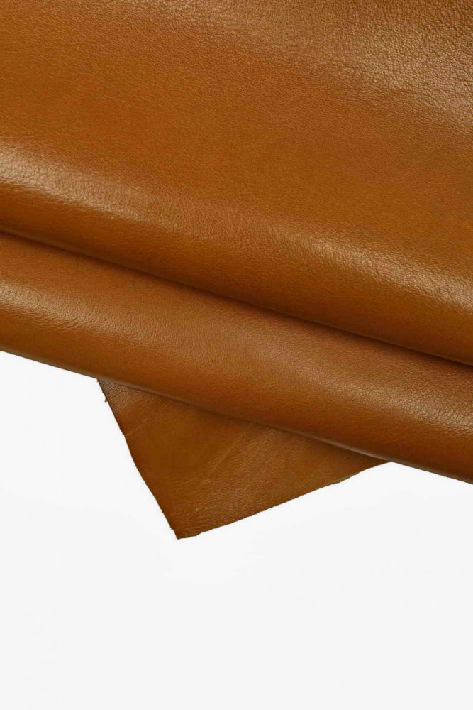 BROWN SOFT leather hide, tan cowhide with soft tiny pebble grain, silky glossy nappa calfskin