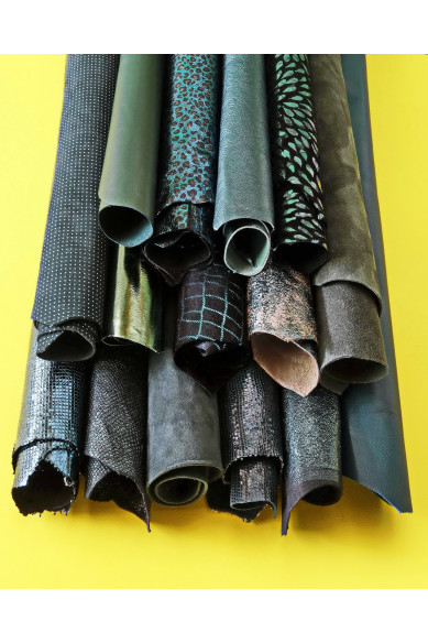 3 Random leather skins, GREEN tone, printed or/and solid leather, suede, metallic , choose your favourite match!