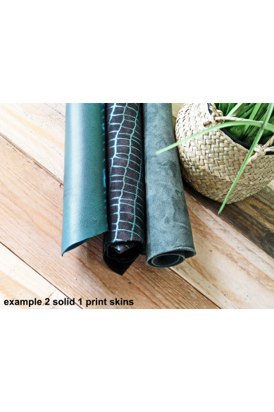 3 Random leather skins, GREEN tone, printed or/and solid leather, suede, metallic , choose your favourite match!