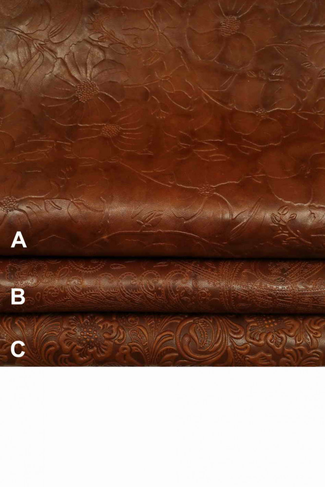 BROWN FLORAL embossed leather skin, brown washed, vegetable sheepskin with flower print, medium softness