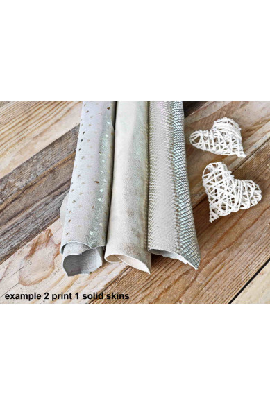 3 Pelli intere casuali Platino, Oro e Beige stampate e/o tinta unita, scamosciate, metallizzate, combinazione da scegliere