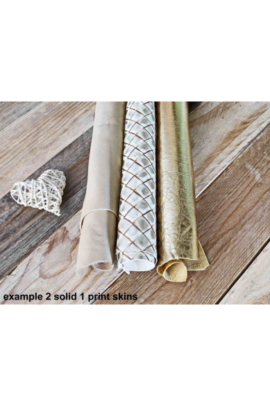 3 random leather skins, Platinum, Gold, Beige tones, printed or/and solid leather,suede, metallic, choose your favourite match!
