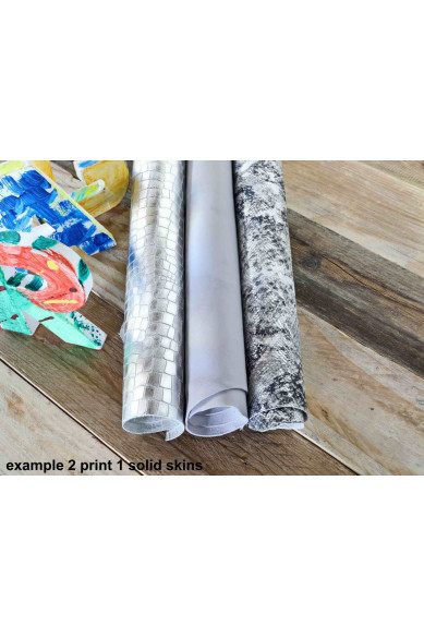 3 Pelli intere casuali Bianco, Argento e Grigio Chiaro, stampate e/o tinta unita,scamosciate,laminate, combinazione da scegliere