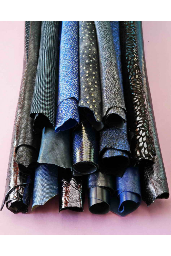 3 Random leather skins, BLUE tones, printed or/and solid leather,suede, metallic, choose your favourite match!